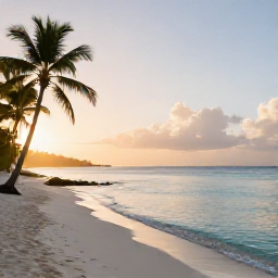 Caribbean Holidays, Quiet Caribbean Holidays, A quiet Caribbean beach at sunrise with soft golden light, calm turquoise water and a few palm trees