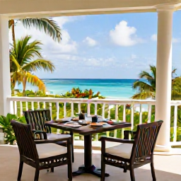 Caribbean Holidays, Quiet Caribbean Holidays, A quiet Caribbean boutique hotel terrace overlooking the sea, with comfortable chairs, tropical plants and breakfast for two
