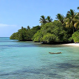 Caribbean Holidays, Quiet Caribbean Holidays, A quiet Caribbean coastline with mangroves, clear shallow water, small kayak and abundant tropical vegetation under bright natural light