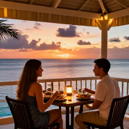 Caribbean Holidays, Quiet Caribbean Holidays, A quiet Caribbean restaurant terrace at sunset, with a small table for two, local food, soft lighting and views over the sea