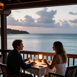 Caribbean Holidays, Quiet Caribbean Holidays, A quiet Caribbean restaurant terrace overlooking the sea, with a relaxed couple enjoying dinner and soft evening light