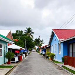 Caribbean Holidays, Quiet Caribbean Holidays, A quiet Caribbean village street with colourful houses, tropical plants and a local market, with a relaxed authentic atmosphere