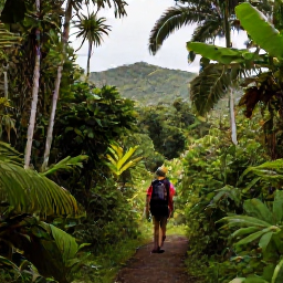 Caribbean Holidays, Quiet Caribbean Holidays, A quiet forest walking trail through lush tropical vegetation with a hiker and distant Caribbean hills