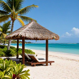 Caribbean Holidays, Quiet Caribbean Holidays, A quiet luxury Caribbean resort beside a secluded beach, with shaded sun loungers, tropical gardens, and calm blue sea
