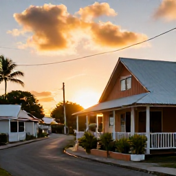 Caribbean Holidays, Quiet Caribbean Holidays, A relaxed Caribbean village at sunset with a small locally run guesthouse, quiet street, tropical plants and warm evening light