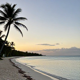 Caribbean Holidays, Quiet Caribbean Holidays, A secluded Caribbean beach at dawn, calm turquoise water, soft golden light, palm trees and no crowds