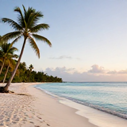 Caribbean Holidays, Quiet Caribbean Holidays, A secluded Caribbean beach at sunrise with calm turquoise water, soft white sand and a few palm trees