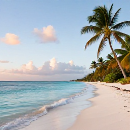 Caribbean Holidays, Quiet Caribbean Holidays, A secluded Caribbean beach at sunrise with calm turquoise water, soft white sand, palm trees and no crowds