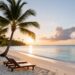Caribbean Holidays, Quiet Caribbean Holidays, A secluded Caribbean beach at sunrise with calm turquoise water, soft white sand, palm trees and two empty sun loungers
