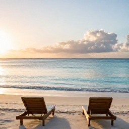 Caribbean Holidays, Quiet Caribbean Holidays, A secluded Caribbean beach at sunrise with two loungers, calm turquoise water and soft golden light