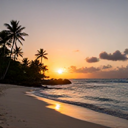 Caribbean Holidays, Quiet Caribbean Holidays, A secluded Caribbean cove at sunset with a quiet beach, gentle waves and warm evening light