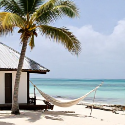 Caribbean Holidays, Quiet Caribbean Holidays, A secluded Caribbean cove with a simple guesthouse, shaded hammocks and calm sea, conveying relaxation and privacy