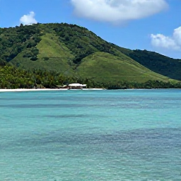 Caribbean Holidays, Quiet Caribbean Holidays, A serene Caribbean coastline with lush green hills, clear water and a small peaceful resort in the distance