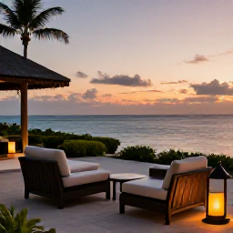 Caribbean Holidays, Quiet Caribbean Holidays, A serene luxury Caribbean villa terrace overlooking the sea at sunset, with comfortable outdoor seating and warm lantern light
