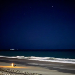 Caribbean Holidays, Quiet Caribbean Holidays, A tranquil Caribbean beach under a star-filled sky, gentle waves, dark shoreline and a small lantern near a quiet traveller