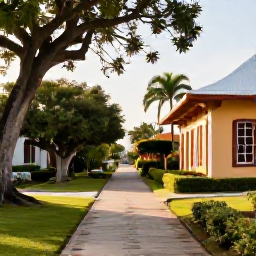 Caribbean Holidays, Quiet Caribbean Holidays, A tranquil Caribbean heritage site with colonial buildings, leafy gardens and a quiet walking path in warm afternoon light