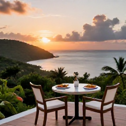 Caribbean Holidays, Quiet Caribbean Holidays, A tranquil Caribbean hillside terrace overlooking the sea at sunset, with a small table, local meal and two chairs