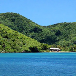 Caribbean Holidays, Quiet Caribbean Holidays, A tranquil Caribbean island landscape with lush hills, a quiet bay, clear blue sea and a small charming resort in the distance