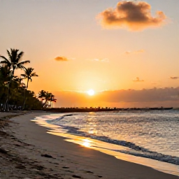 Caribbean Holidays, Quiet Caribbean Holidays, A tranquil Caribbean sunset over a deserted beach, with gentle waves, warm golden light and palm silhouettes