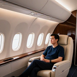 Caribbean Holidays, Quiet Caribbean Holidays, An elegant business class aircraft cabin with a comfortable seat, soft lighting, and a traveller relaxing before a Caribbean flight