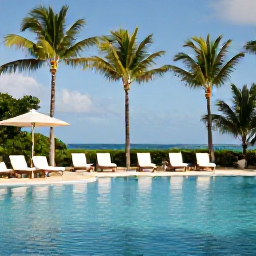 Caribbean Holidays, Quiet Caribbean Holidays, An elegant, tranquil all-inclusive resort in the Caribbean with palm trees, a calm pool and comfortable sun loungers
