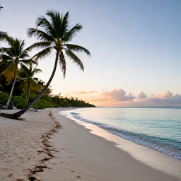 Caribbean Holidays, Quiet Caribbean Holidays, Quiet Caribbean beach at sunrise with calm turquoise water, soft sand and a few palm trees, natural travel photography