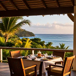 Caribbean Holidays, Quiet Caribbean Holidays, Relaxed Caribbean guesthouse terrace with sea view, tropical garden, breakfast table and warm morning light, realistic travel photograph