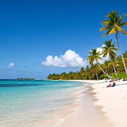 Caribbean Holidays, Quiet Caribbean Holidays, Secluded Caribbean cove with a couple relaxing under palm trees, clear shallow water and peaceful sandy beach, realistic holiday photography