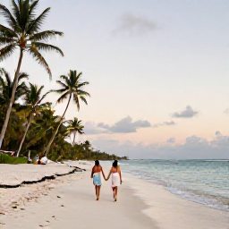 Caribbean Holidays, Quiet Caribbean Honeymoons, A couple walking hand in hand along a quiet Caribbean beach at dusk, with palm trees and gentle waves