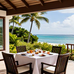 Caribbean Holidays, Quiet Caribbean Honeymoons, A private Caribbean villa terrace overlooking the sea, with breakfast for two and tropical greenery around it