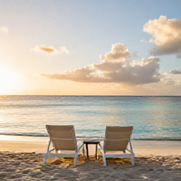 Caribbean Holidays, Quiet Caribbean Honeymoons, A secluded Caribbean beach at sunrise with two empty loungers, calm turquoise water and soft golden light