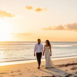 Caribbean Holidays, Quiet Caribbean Weddings, A newly married couple walking along a quiet Caribbean beach at sunset, relaxed and smiling, with warm golden light and calm sea