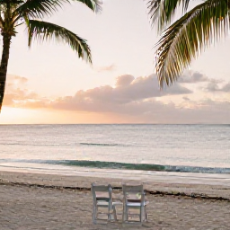 Caribbean Holidays, Quiet Caribbean Weddings, A quiet Caribbean beach at sunrise with two empty wedding chairs, gentle waves and palm trees, natural realistic travel photography