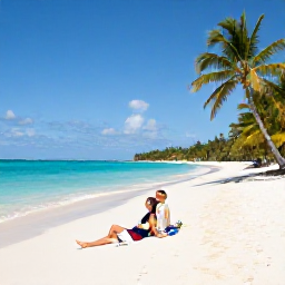 Caribbean Holidays, Quiet Caribbean Weddings, A tranquil Caribbean honeymoon scene with a couple relaxing on a quiet sandy beach beside clear turquoise water and palm trees