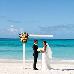Caribbean Holidays, Quiet Caribbean Weddings, An intimate wedding ceremony on a secluded Caribbean beach with a couple, a simple floral arrangement and turquoise sea