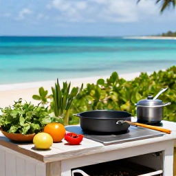 Caribbean Holidays, Quiet Cooking Holidays, A peaceful Caribbean cooking retreat beside a turquoise sea, with a small outdoor kitchen, fresh herbs and colourful local ingredients