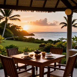 Caribbean Holidays, Quiet Cooking Holidays, A peaceful Caribbean guesthouse terrace at sunset with a home-cooked meal, tropical garden, gentle sea views and a relaxed table setting for two