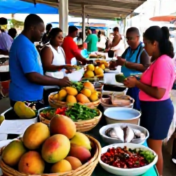 Caribbean Holidays, Quiet Cooking Holidays, A quiet Caribbean market with baskets of ripe mangoes, peppers, herbs, spices and freshly caught fish, visited by a small group of cooking holiday guests