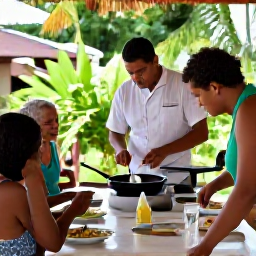 Caribbean Holidays, Quiet Cooking Holidays, A relaxed outdoor Caribbean cooking class in a garden courtyard, with a friendly local chef demonstrating a recipe to a few guests