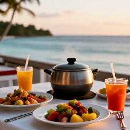 Caribbean Holidays, Quiet Cooking Holidays, A small Caribbean seaside restaurant serving colourful local dishes at a peaceful table overlooking the sea, with warm evening light