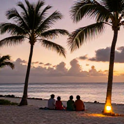 Caribbean Holidays, Quiet Family Holidays, A calm Caribbean evening with a family sitting together near the beach, soft sunset colours, lantern light and gently moving palm trees
