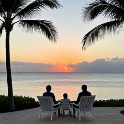 Caribbean Holidays, Quiet Family Holidays, A family enjoying a quiet sunset from a Caribbean resort terrace, with warm evening light, palm silhouettes and calm sea views