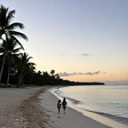 Caribbean Holidays, Quiet Family Holidays, A quiet Caribbean beach at sunrise with calm turquoise water, soft white sand, palm trees and a small family walking beside the shore