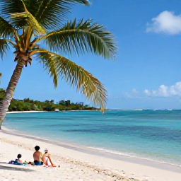 Caribbean Holidays, Quiet Family Holidays, A secluded Caribbean bay with calm shallow sea, a quiet sandy beach, shady palm trees and a family relaxing near the water