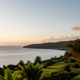 Caribbean Holidays, Quiet Instagram Hotspots, A peaceful Caribbean viewpoint overlooking a green coastline and calm sea at sunset