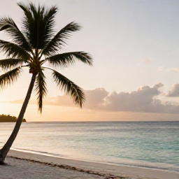 Caribbean Holidays, Quiet Instagram Hotspots, A quiet Caribbean beach at sunrise with calm turquoise water, soft golden light and a lone palm tree
