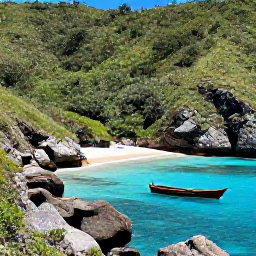 Caribbean Holidays, Quiet Instagram Hotspots, A secluded Caribbean cove surrounded by green hills, with a small wooden boat on clear blue water