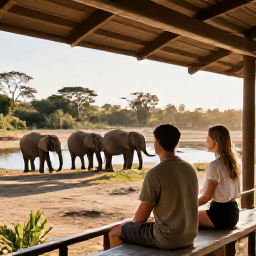 Caribbean Holidays, Quiet Safari Holidays, Couple quietly watching elephants from a shaded safari deck beside a waterhole in warm afternoon light
