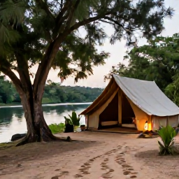 Caribbean Holidays, Quiet Safari Holidays, Intimate safari camp set beneath trees beside a calm river, with canvas tents, lanterns and wildlife tracks in the sand