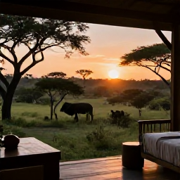 Caribbean Holidays, Quiet Safari Holidays, Peaceful African sunset viewed from a safari lodge terrace, with silhouettes of trees and distant wildlife